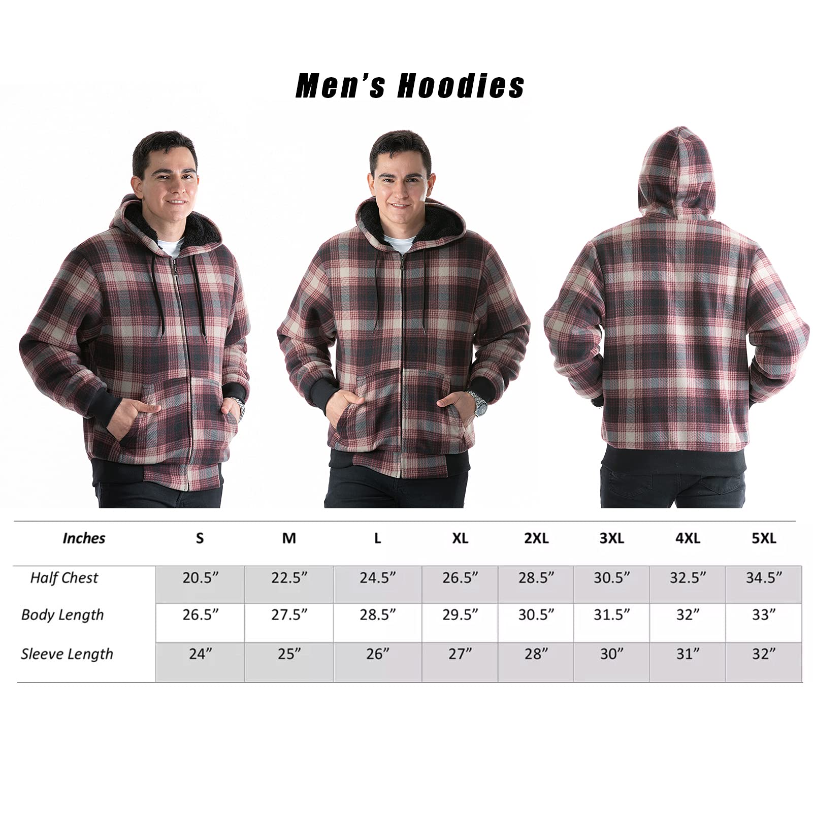 Facitisu Men's Plaid Fleece Jackets Warm Winter Workout Casual Flannel Lined Full Zip Hoodie Plus Size S-5XL