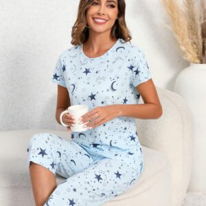 PNAEONG Women’s Pajama Set - Cotton-Blend Short-Sleeve Loose Top with Matching Capri Bottoms SY215-Blue Star-M