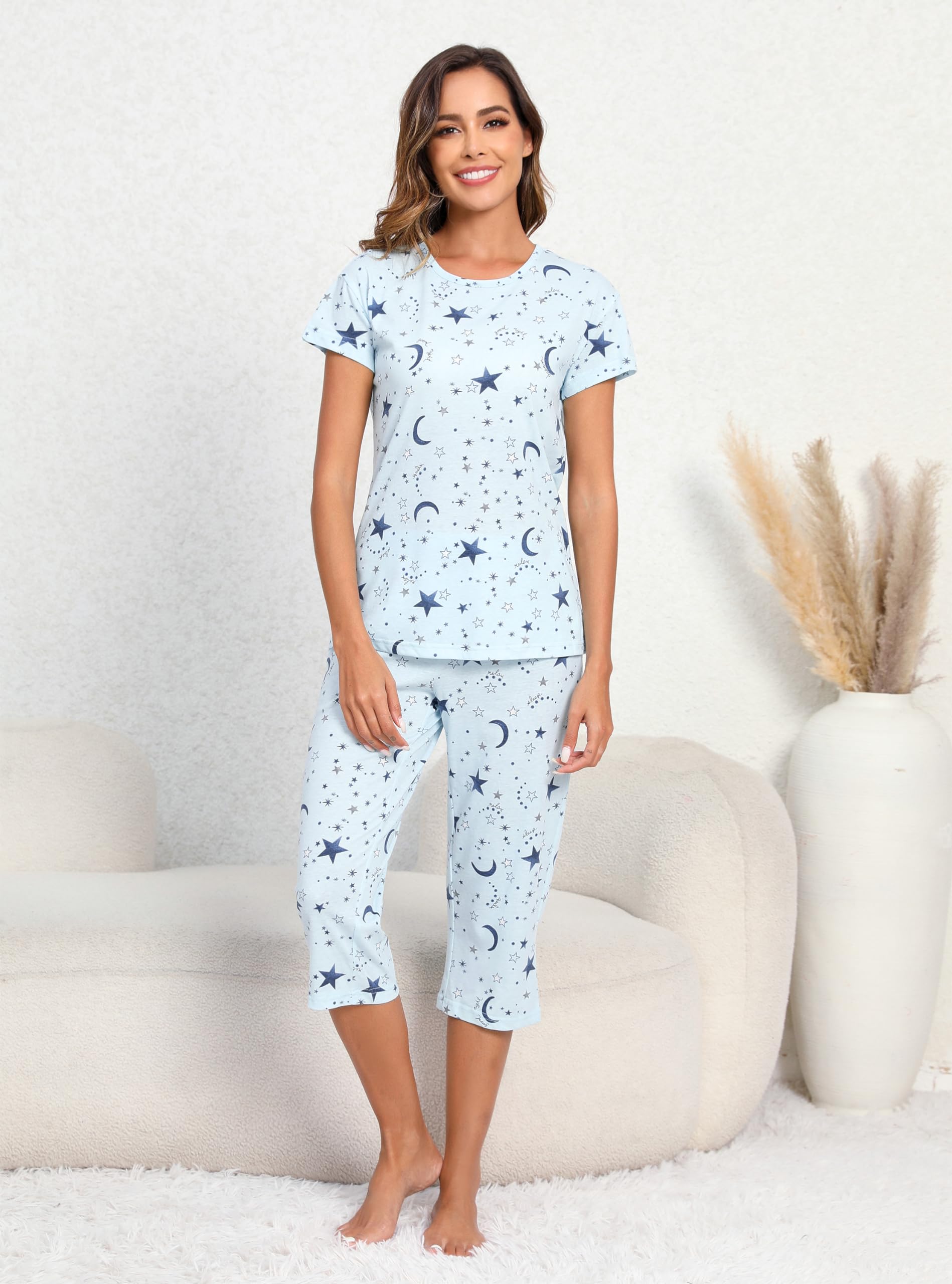 PNAEONG Women’s Pajama Set - Cotton-Blend Short-Sleeve Loose Top with Matching Capri Bottoms SY215-Blue Star-M