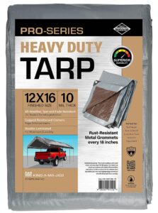 12x16 heavy duty tarp, 10 mil thick, high durability, tear & fade resistant, uv treated, grommets every 18 inches (12' x '16')