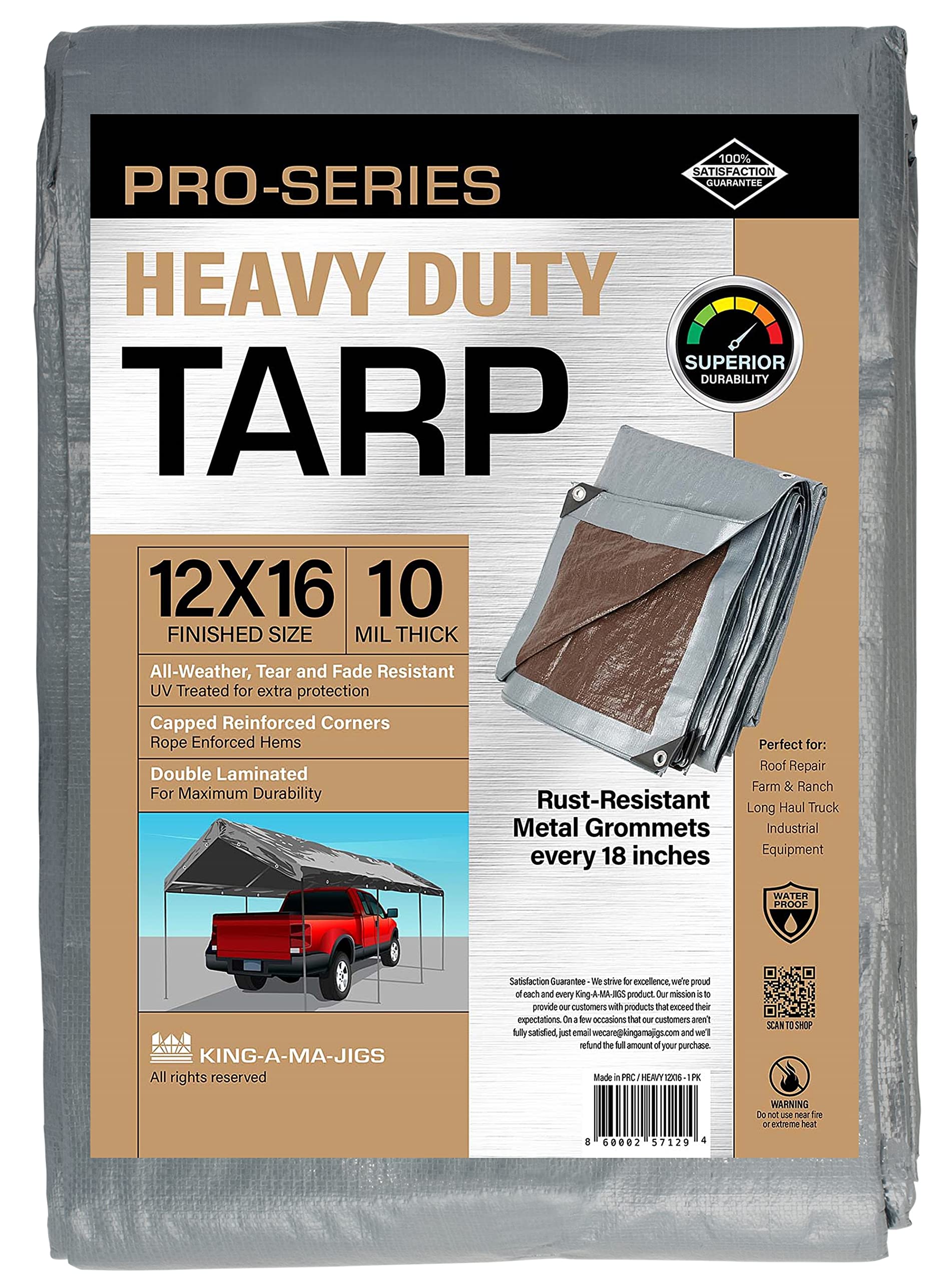 12x16 Heavy Duty Tarp, 10 Mil Thick, High Durability, Tear & Fade Resistant, UV Treated, Grommets Every 18 Inches (12' x '16')