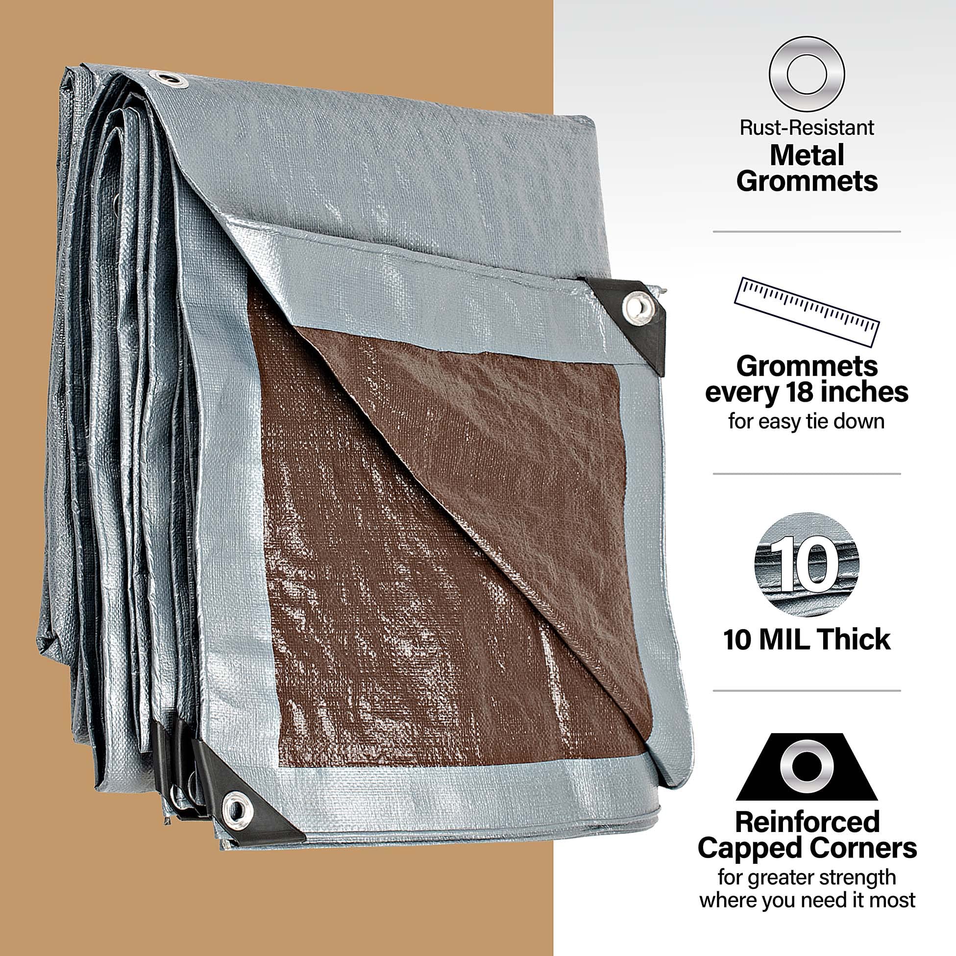 12x16 Heavy Duty Tarp, 10 Mil Thick, High Durability, Tear & Fade Resistant, UV Treated, Grommets Every 18 Inches (12' x '16')