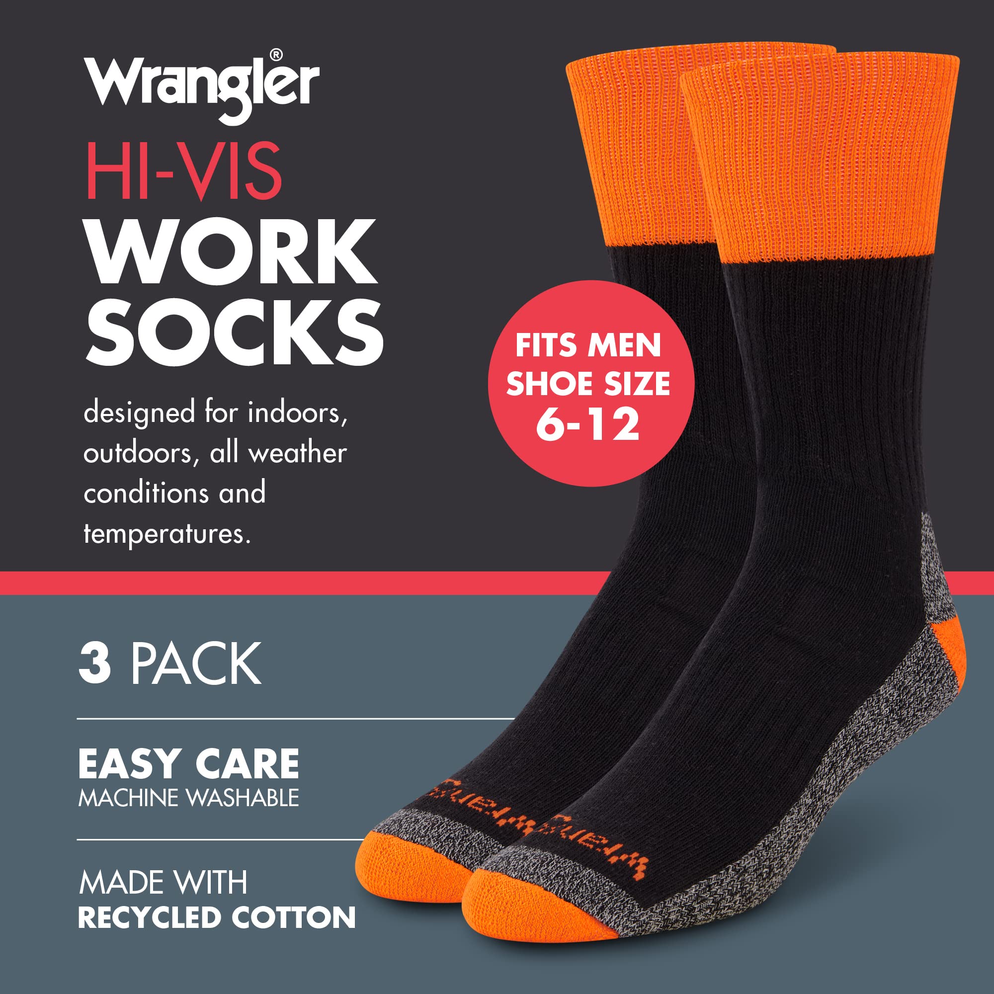 Wrangler Socks for Work - Hi-Vis Mens Socks - Crew Boot Socks for Men Size 6-12 (Black/Orange)