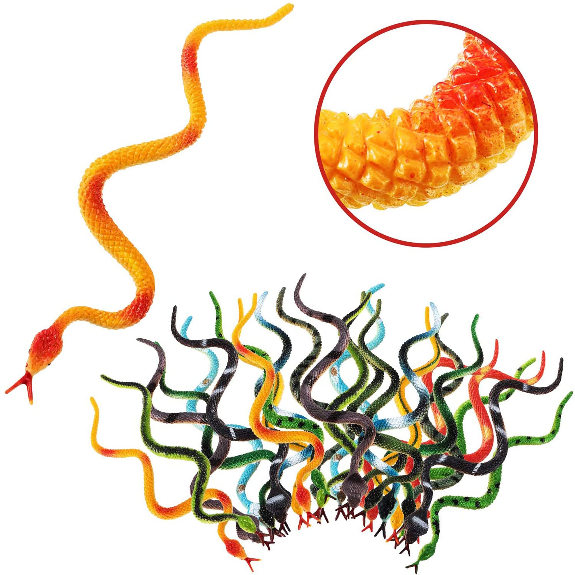 Blulu 24 Pieces Small Plastic Snakes Realistic Rubber Snakes Halloween Snake Toys 4 Inch Assorted Colorful Mini Fake Snake Toys for Garden Prank Prop Scare Birds Halloween Party Favors