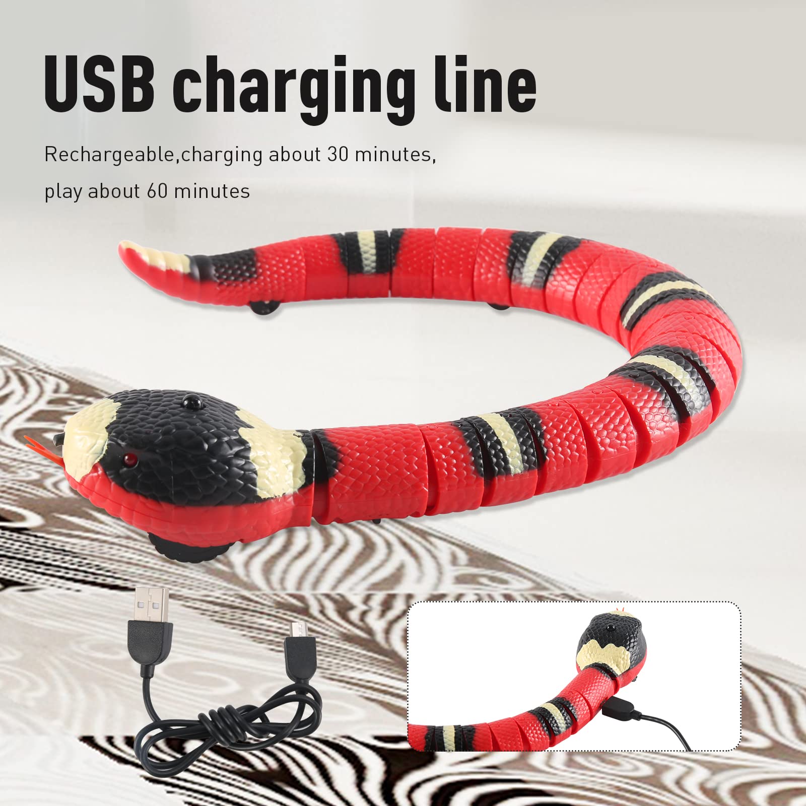 FauKait Smart Sensing Snake Toy,Interactive Toys Snake for Kids, Cats&Dog Kitten Toys USB Rechargeable Electric Simulation Slithering Serpent Realistic Snake Prank Prop for Halloween