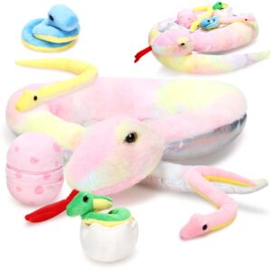 leitee 7 pcs snake plush toy set 63 inch large snake stuffed animal zipper snake toys with cute baby snakes and eggs in mommy snake's belly for valentine's day birthday(cute style)