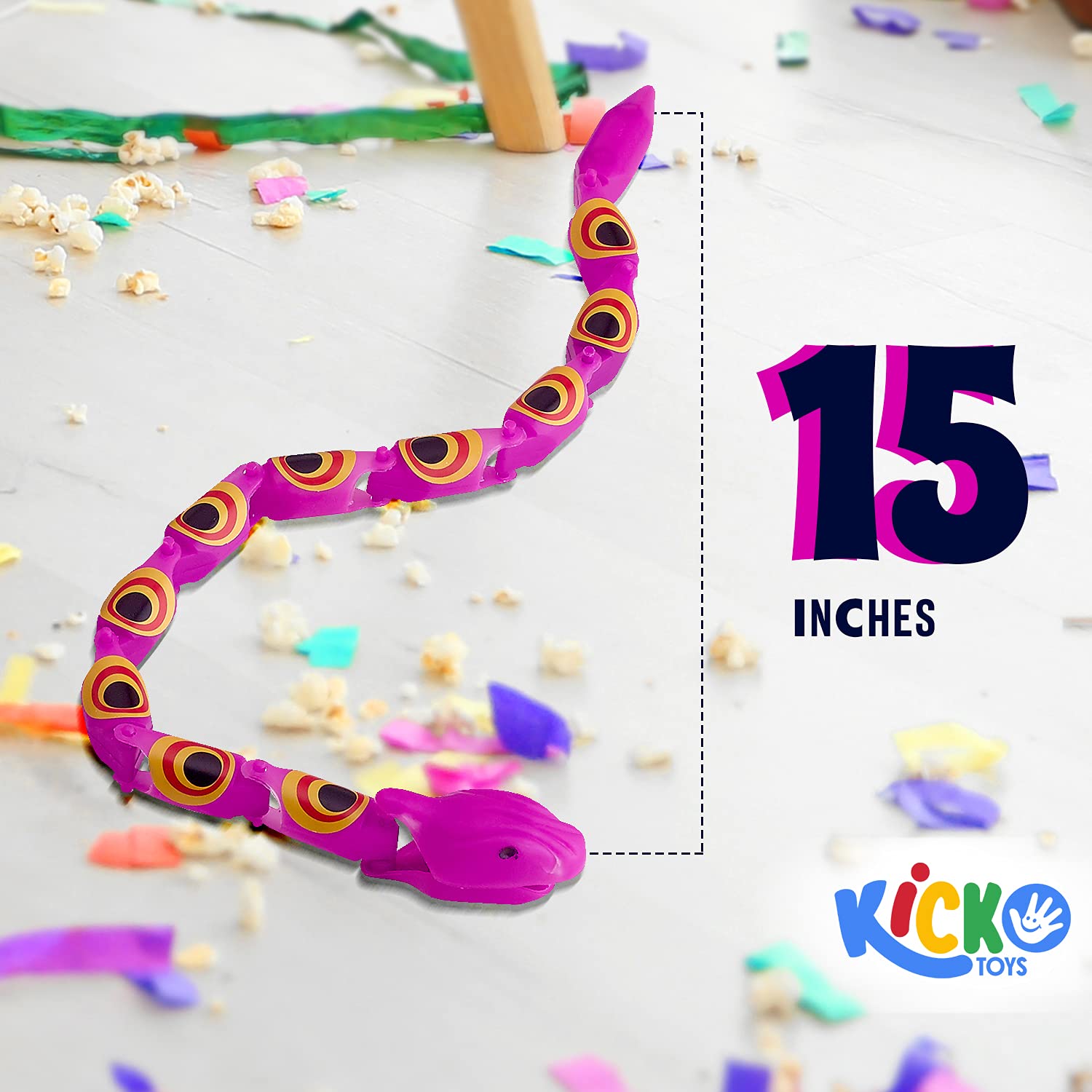 Kicko Wacky Wiggly Jointed Snakes, 15 Inches - Fun and Educational Plastic Toys for Kids - Teach and Improve Motor Skills - Perfect Fidget Party Favor for Boys & Girls - Pack of 12