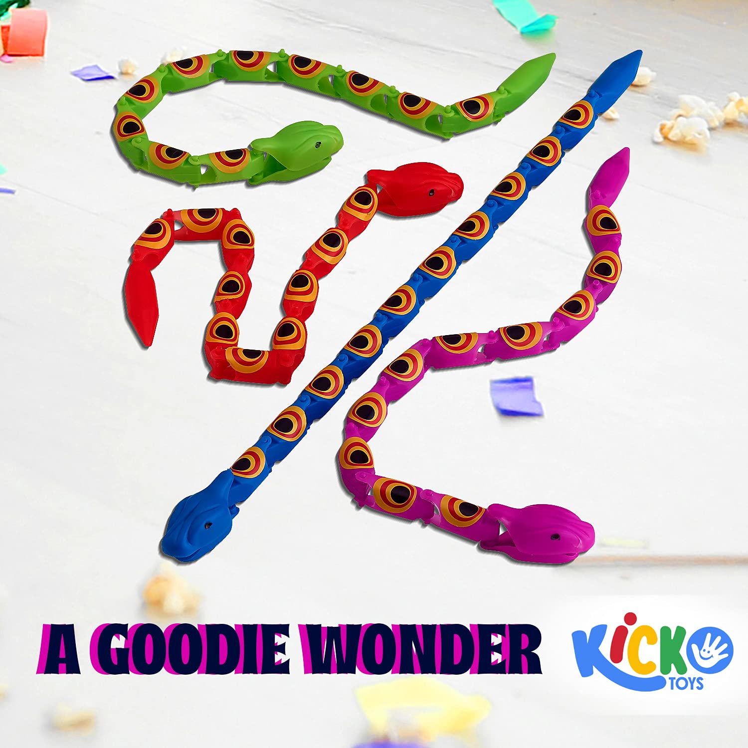 Kicko Wacky Wiggly Jointed Snakes, 15 Inches - Fun and Educational Plastic Toys for Kids - Teach and Improve Motor Skills - Perfect Fidget Party Favor for Boys & Girls - Pack of 12