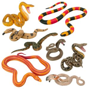 Toymany 8PCS Snake Figures Safari Animal Figurines, Realistic Jungle Animals Toy Set Halloween Fake Snake with Cobra Python Figure, Prank Props Scary Snake Christmas Birthday Tricky Toy Party Favor