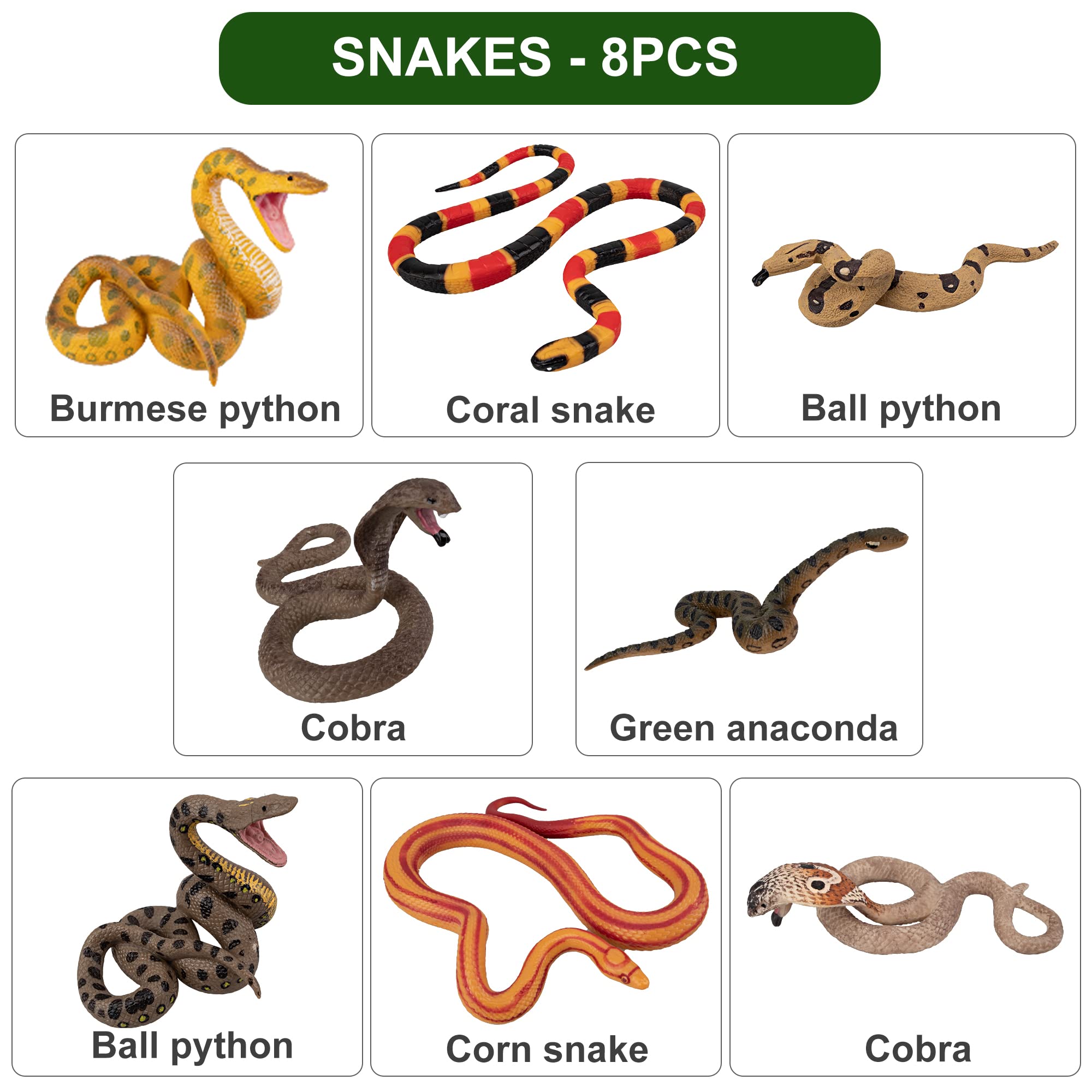 Toymany 8PCS Snake Figures Safari Animal Figurines, Realistic Jungle Animals Toy Set Halloween Fake Snake with Cobra Python Figure, Prank Props Scary Snake Christmas Birthday Tricky Toy Party Favor