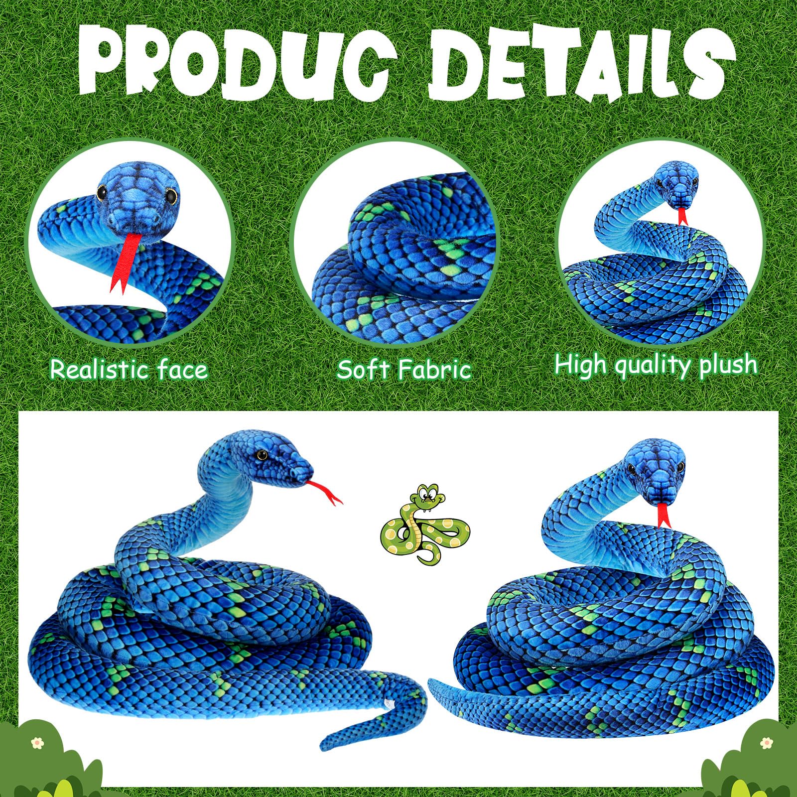 Hiboom Giant Snake Plush Large Stuffed Animal Snake Realistic Stuffed Snake Lifelike Plush Snake Toy Gifts for Birthday Party Prank Props (Blue,110 Inch)