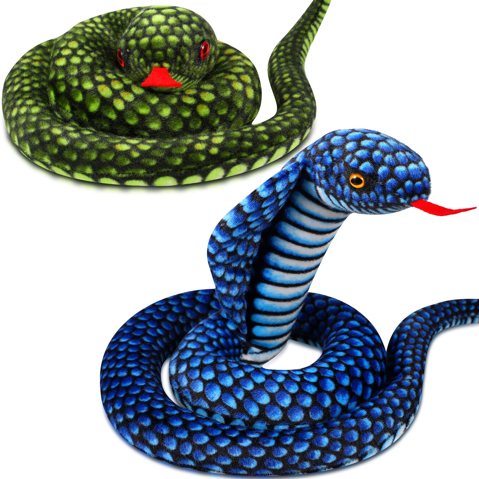 Zhanmai 2 Pack 43 Inches Cobra Snake Animal Plush Toy Large Realistic Cobra Snake Plush Stuffed Animal Toy Naja Cobra Plush Toys Snake for Birthday Party Gifts Prank Props(Green, Blue)