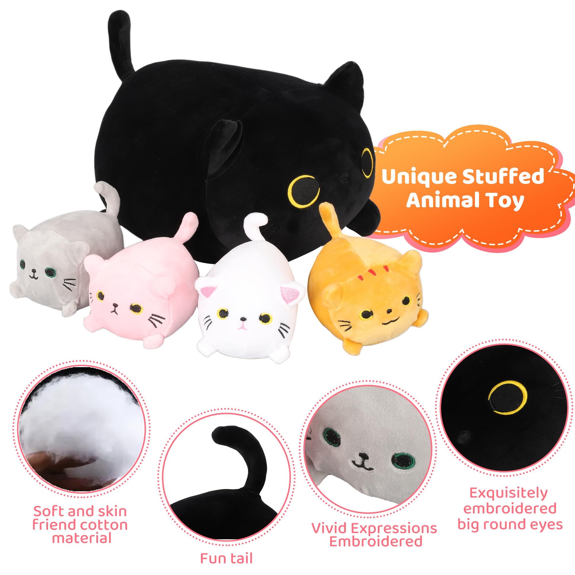 Cat Stuffed Animals, Cute Black Cat Plush Mommy with 4 Kitty Plushies Inside Tummy, 5Pcs Soft Cat Plush Pillow Toys, Gift Present Animal Pillows for Kids Girls Boys