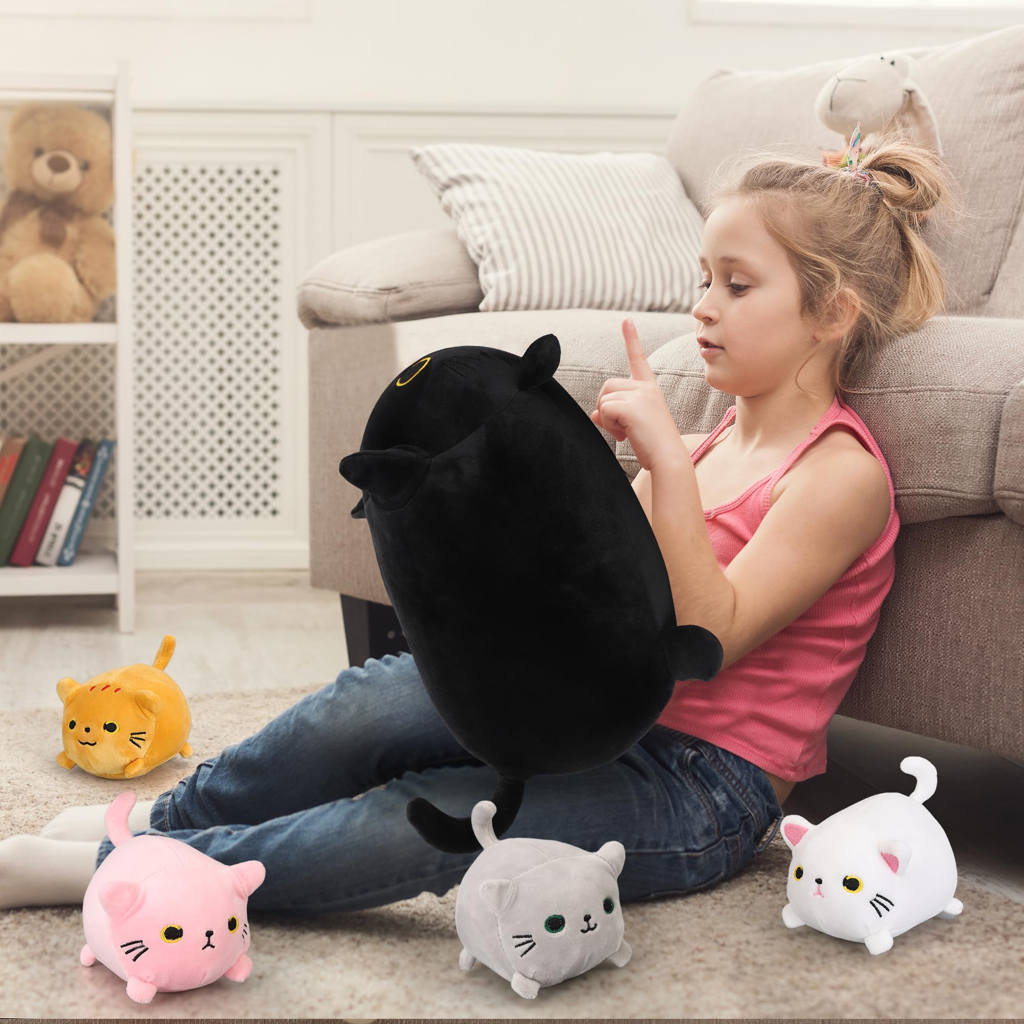 Cat Stuffed Animals, Cute Black Cat Plush Mommy with 4 Kitty Plushies Inside Tummy, 5Pcs Soft Cat Plush Pillow Toys, Gift Present Animal Pillows for Kids Girls Boys