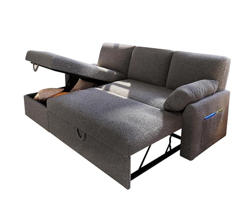 VanAcc Sofa Bed, Sleeper Sofa with Storage Chaise- 2 in 1 Pull Out Couch Sofa for Home Office, Living Room, Comfy Sofa Sleeper, Grey Boucle Couch