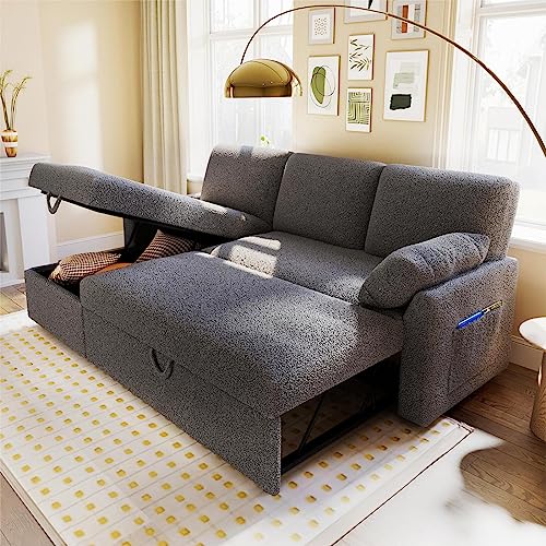 VanAcc Sofa Bed, Sleeper Sofa with Storage Chaise- 2 in 1 Pull Out Couch Sofa for Home Office, Living Room, Comfy Sofa Sleeper, Grey Boucle Couch