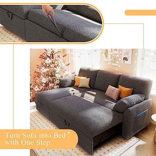 VanAcc Sofa Bed, Sleeper Sofa with Storage Chaise- 2 in 1 Pull Out Couch Sofa for Home Office, Living Room, Comfy Sofa Sleeper, Grey Boucle Couch