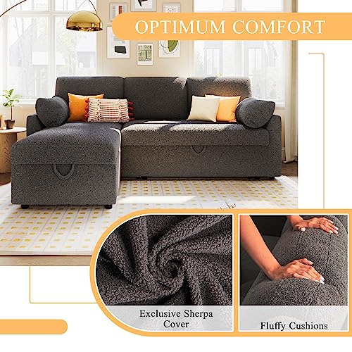 VanAcc Sofa Bed, Sleeper Sofa with Storage Chaise- 2 in 1 Pull Out Couch Sofa for Home Office, Living Room, Comfy Sofa Sleeper, Grey Boucle Couch