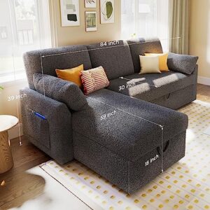 VanAcc Sofa Bed, Sleeper Sofa with Storage Chaise- 2 in 1 Pull Out Couch Sofa for Home Office, Living Room, Comfy Sofa Sleeper, Grey Boucle Couch