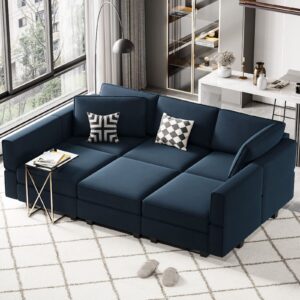 Belffin Modular Velvet Sectional Sofa with Chaise Lounge Sectional Sleeper Sofa with Storage Chaise Sofa Bed Couch for Living Room Blue