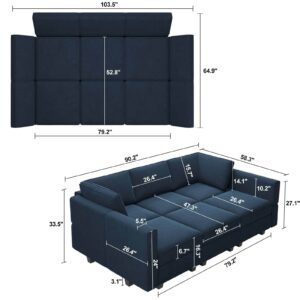 Belffin Modular Velvet Sectional Sofa with Chaise Lounge Sectional Sleeper Sofa with Storage Chaise Sofa Bed Couch for Living Room Blue