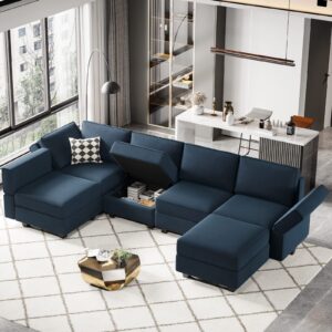 Belffin Modular Velvet Sectional Sofa with Chaise Lounge Sectional Sleeper Sofa with Storage Chaise Sofa Bed Couch for Living Room Blue