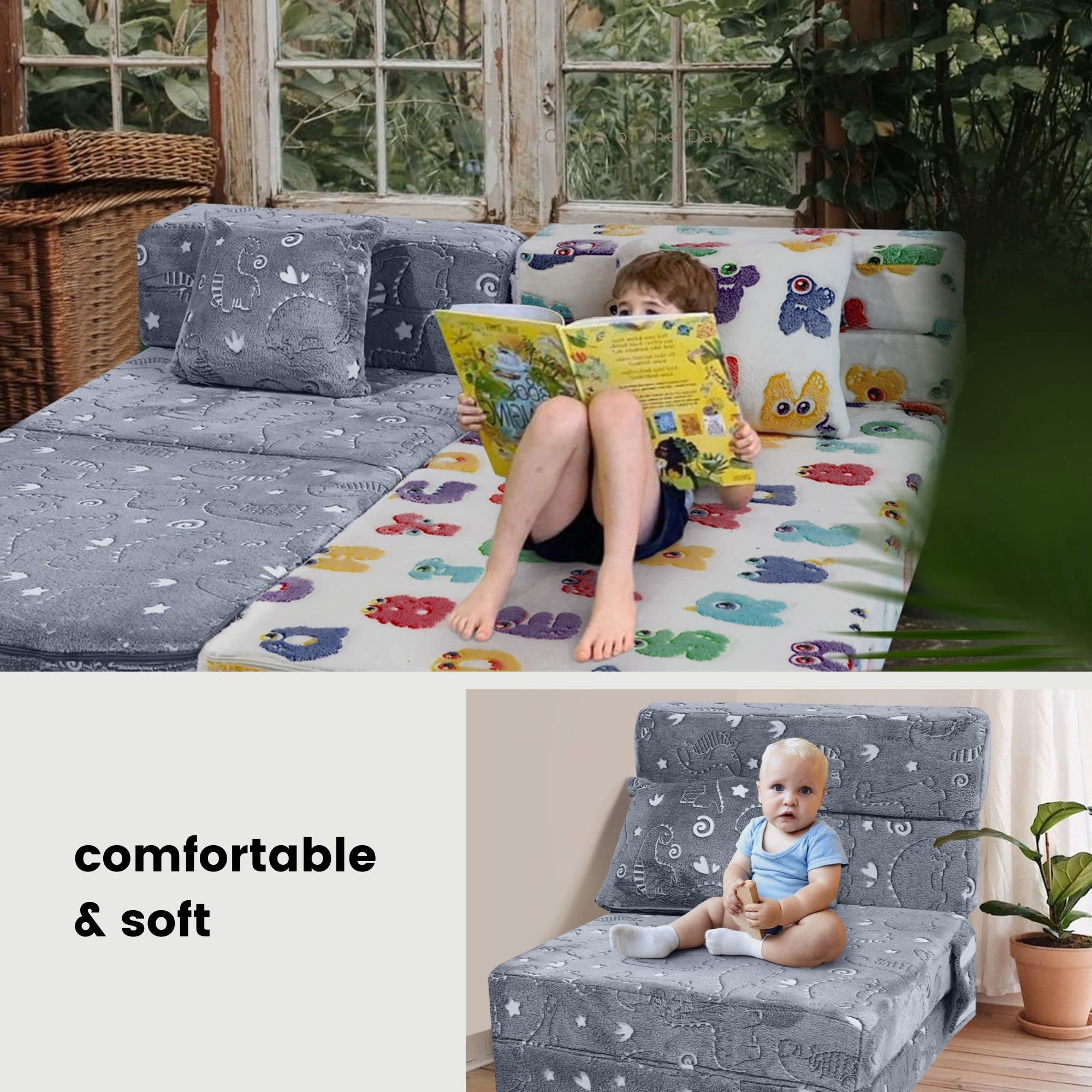 MeMoreCool Kids Floor Mattress Glow in Dark, Child Fold Up Sofa Couch Convertible Futon Folding Chair Bed Sleeper for Baby Playroom(Glowing Dinosaur)