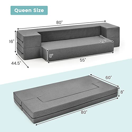 Giantex 8 Inch Folding Sofa Bed Couch, Memory Foam Futon Mattress Linen Fabric Sofa, Floor Couch Lounge Sleeper Bed for Living Room Bedroom Guest Room, Dark Grey, Queen