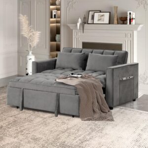 EBELLO 3 in 1 Convertible Sleeper Sofa Bed, Modern Velvet Loveseat Futon Couch Pullout Bed with Side Storage Pockets and Pillows, Small Love Seat Lounge Sofa Bed for Small Space, Living Room, Grey