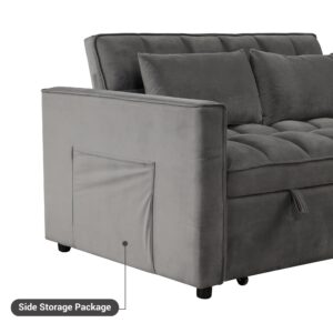 EBELLO 3 in 1 Convertible Sleeper Sofa Bed, Modern Velvet Loveseat Futon Couch Pullout Bed with Side Storage Pockets and Pillows, Small Love Seat Lounge Sofa Bed for Small Space, Living Room, Grey