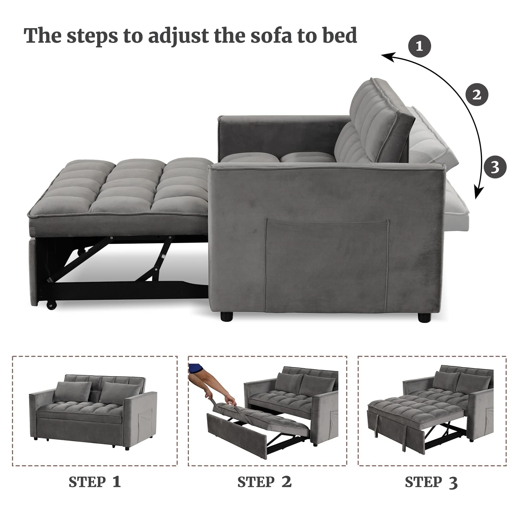 EBELLO 3 in 1 Convertible Sleeper Sofa Bed, Modern Velvet Loveseat Futon Couch Pullout Bed with Side Storage Pockets and Pillows, Small Love Seat Lounge Sofa Bed for Small Space, Living Room, Grey