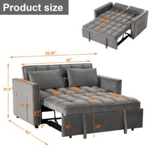 EBELLO 3 in 1 Convertible Sleeper Sofa Bed, Modern Velvet Loveseat Futon Couch Pullout Bed with Side Storage Pockets and Pillows, Small Love Seat Lounge Sofa Bed for Small Space, Living Room, Grey