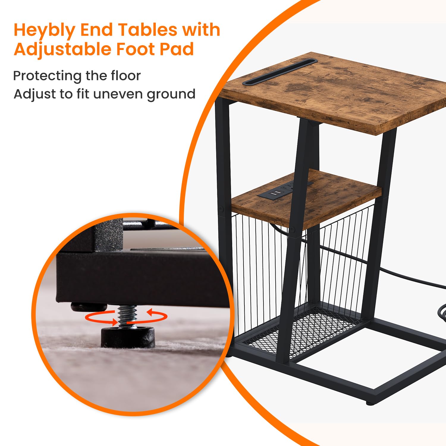 Heybly Side Table, C Shaped Nightstand End Table with Charging Station and Phone Holder,2 USB Ports and Power Outlets, Snack Sofa Couch Tables for Small Spaces, Rustic Brown HET001CSR1