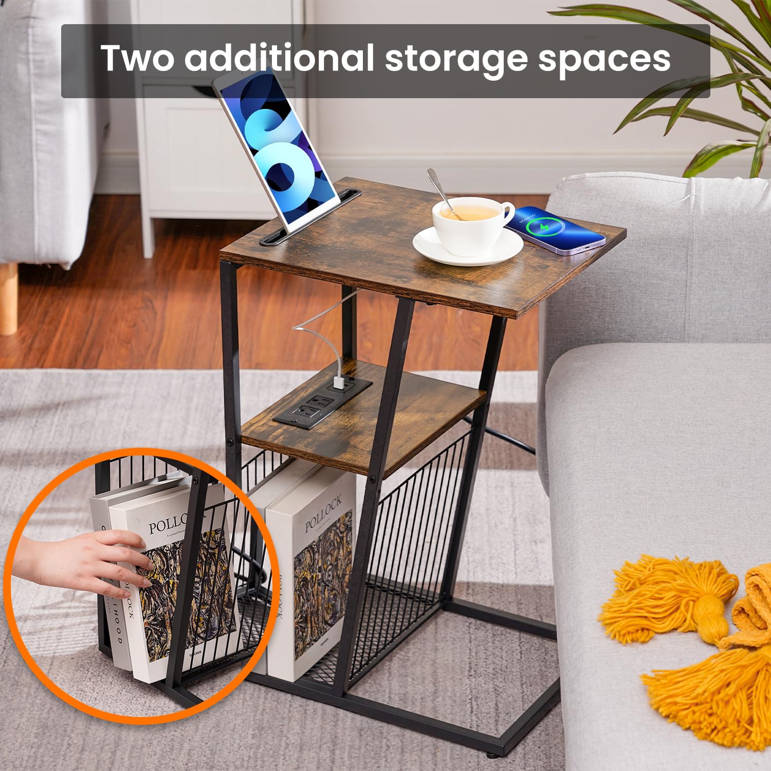 Heybly Side Table, C Shaped Nightstand End Table with Charging Station and Phone Holder,2 USB Ports and Power Outlets, Snack Sofa Couch Tables for Small Spaces, Rustic Brown HET001CSR1