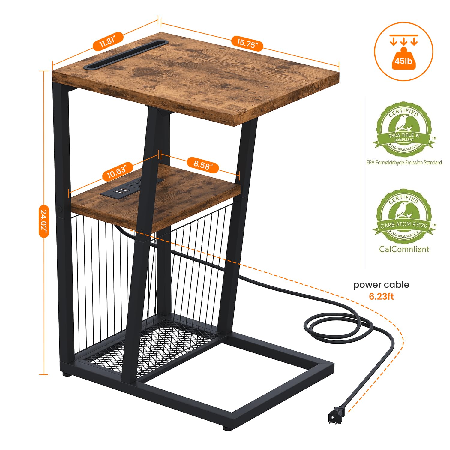 Heybly Side Table, C Shaped Nightstand End Table with Charging Station and Phone Holder,2 USB Ports and Power Outlets, Snack Sofa Couch Tables for Small Spaces, Rustic Brown HET001CSR1