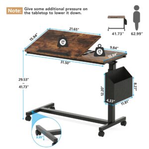 Tribesigns Height Adjustable C Shaped End Table with Wheels and Side Pocket, Mobile Sofa Snack Table with Tiltable Drawing Board, Laptop Side Tray Table for Couch Bed (Rustic Brown)