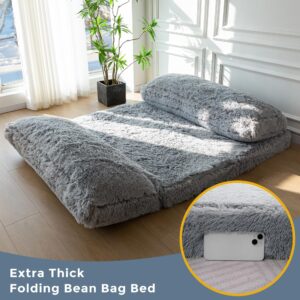 MAXYOYO Bean Bag Bed Floor Bed, Faux Fur Floor Sofa Floor Chairs for Adults, Folding Sofa Bed Foam Filling Wall Couch Sleeper Chairs Single Size Floor Mattress, Grey, 30x95 Inch