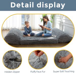 MAXYOYO Bean Bag Bed Floor Bed, Faux Fur Floor Sofa Floor Chairs for Adults, Folding Sofa Bed Foam Filling Wall Couch Sleeper Chairs Single Size Floor Mattress, Grey, 30x95 Inch