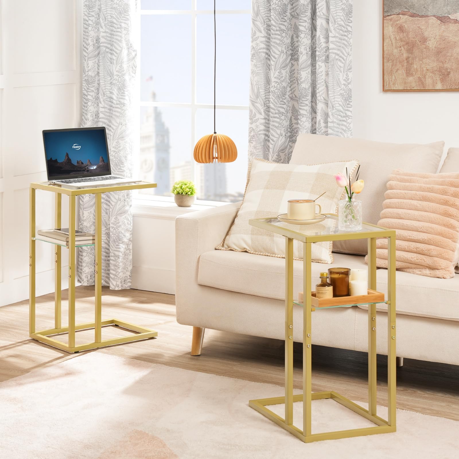 HOOBRO C Shaped End Table, Small Side Table for Couch and Bed, Tempered Glass Sofa Table with Metal Frame, Snack Accent Table for Small Place, Living Room, Bedroom, Gold GD08SF01