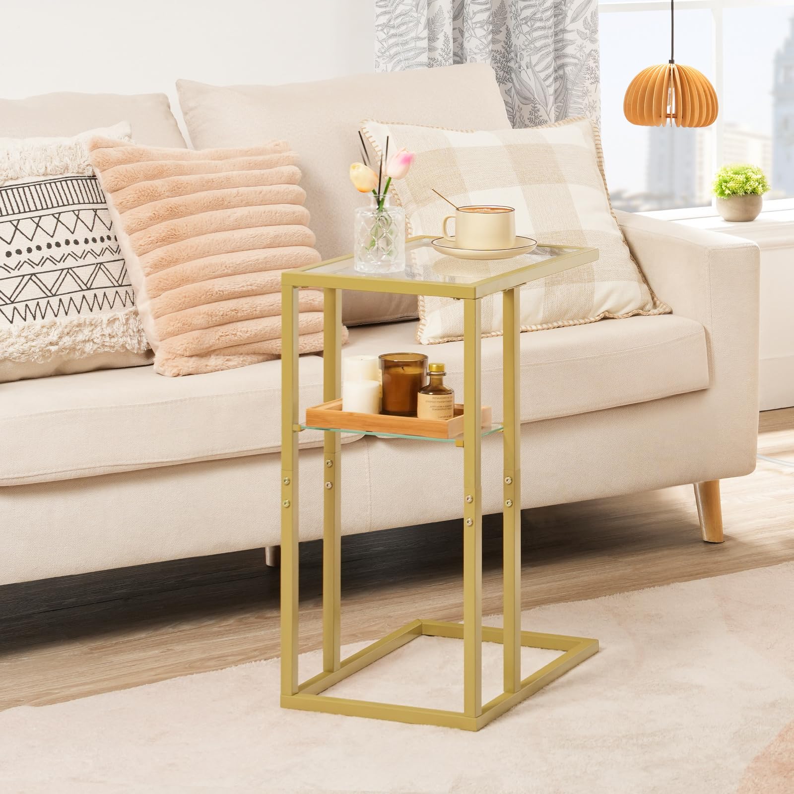 HOOBRO C Shaped End Table, Small Side Table for Couch and Bed, Tempered Glass Sofa Table with Metal Frame, Snack Accent Table for Small Place, Living Room, Bedroom, Gold GD08SF01