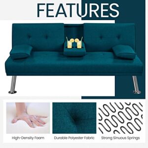 Yaheetech Linen Fabric Modern Sofa Bed Futon Couch Bed Folding Recliner Sleeper Reversible Loveseat Convertible Daybed, 2 Cup Holders, 3 Angles, 772lb Capacity, Removable Armrests, Aqua Blue