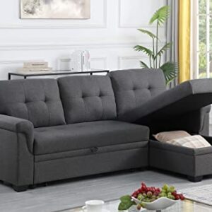 OMMGG 84'' L-Shape Convertible Sleeper Sectional Sofa, Linen Upholstered Reversible Corner 3 Person Couch with Storage Chaise and Pull-Out Bed, for Living Room, Apartment, 84, Dark Gray-1