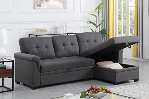 OMMGG 84'' L-Shape Convertible Sleeper Sectional Sofa, Linen Upholstered Reversible Corner 3 Person Couch with Storage Chaise and Pull-Out Bed, for Living Room, Apartment, 84, Dark Gray-1