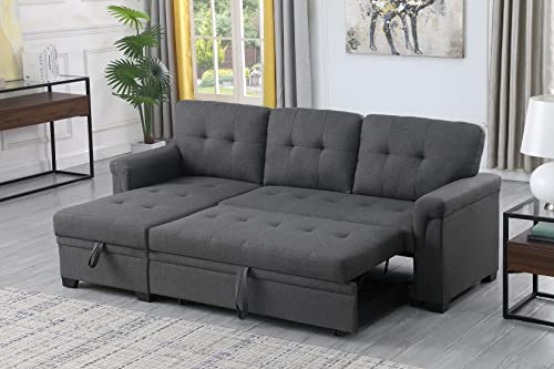 OMMGG 84'' L-Shape Convertible Sleeper Sectional Sofa, Linen Upholstered Reversible Corner 3 Person Couch with Storage Chaise and Pull-Out Bed, for Living Room, Apartment, 84, Dark Gray-1