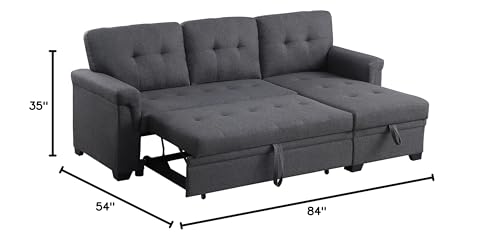 OMMGG 84'' L-Shape Convertible Sleeper Sectional Sofa, Linen Upholstered Reversible Corner 3 Person Couch with Storage Chaise and Pull-Out Bed, for Living Room, Apartment, 84, Dark Gray-1