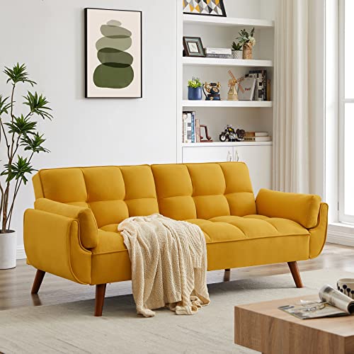 Betoko Convertible Futon Sofa Bed Sleeper Twin Size, Modern Reclining Linen Split Back Sofa Couch with Pillow Top Arm for Compact Living Room,Apartment (Yellow)