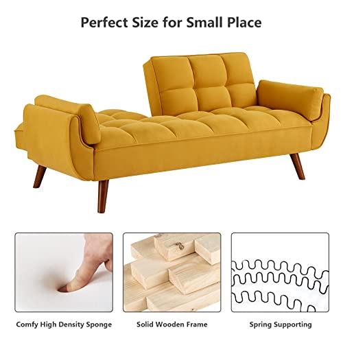 Betoko Convertible Futon Sofa Bed Sleeper Twin Size, Modern Reclining Linen Split Back Sofa Couch with Pillow Top Arm for Compact Living Room,Apartment (Yellow)