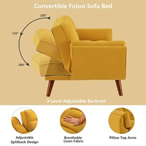 Betoko Convertible Futon Sofa Bed Sleeper Twin Size, Modern Reclining Linen Split Back Sofa Couch with Pillow Top Arm for Compact Living Room,Apartment (Yellow)