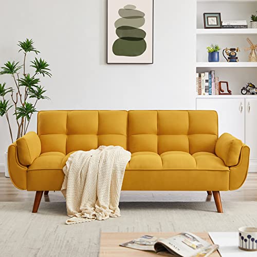 Betoko Convertible Futon Sofa Bed Sleeper Twin Size, Modern Reclining Linen Split Back Sofa Couch with Pillow Top Arm for Compact Living Room,Apartment (Yellow)