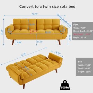 Betoko Convertible Futon Sofa Bed Sleeper Twin Size, Modern Reclining Linen Split Back Sofa Couch with Pillow Top Arm for Compact Living Room,Apartment (Yellow)